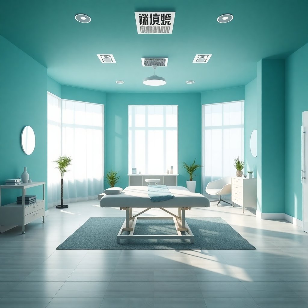 High-end modern physiotherapy clinic interior, bright natural light, professional massage table, minimalist decor, soft teal and white color palette, 16:9 aspect ratio, premium feel, shallow depth of field, sharp focus on foreground, 8k resolution