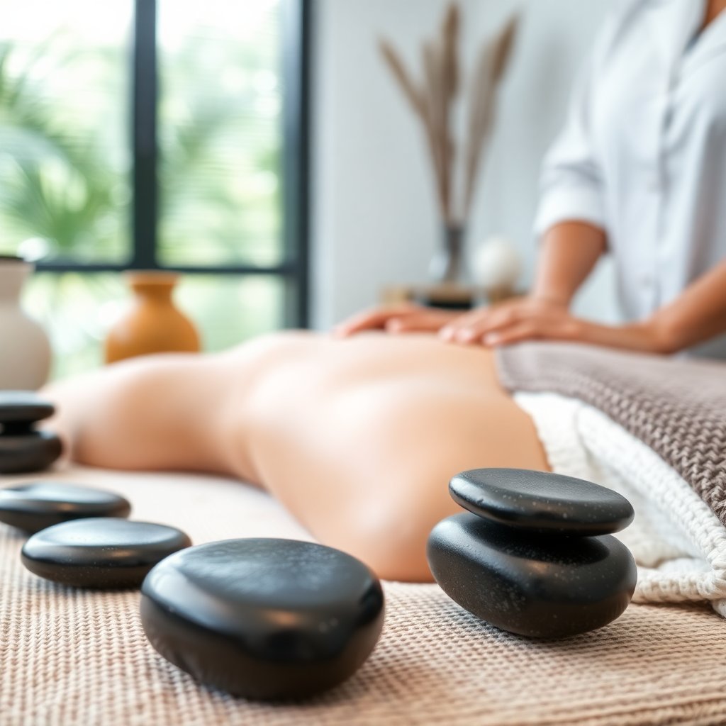 Close up of professional massage therapy, zen atmosphere, smooth basalt stones, soft natural lighting, professional healthcare environment, minimalist aesthetic, high quality, soft focus background